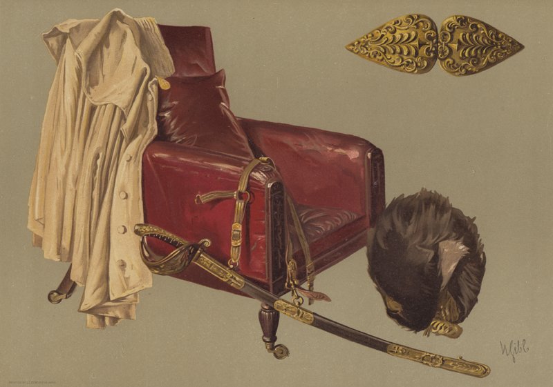 Silla y capa del Mariscal de Campo el Duque de Wellington, con piel de oso y espada de los Guardias Granaderos (cromolitografía) de English School