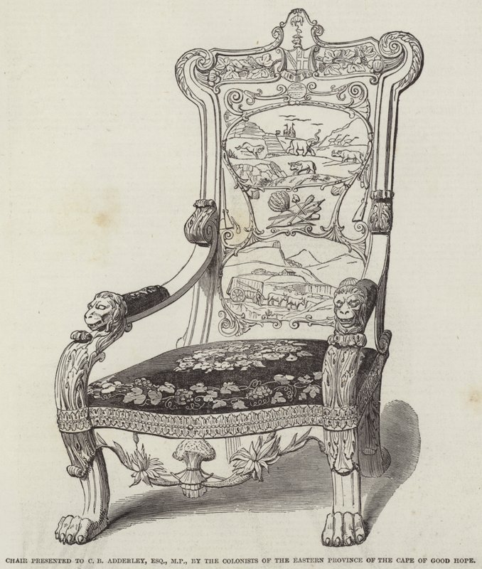 Silla presentada a C B Adderley, Esquire, MP, por los Colonos de la Provincia Oriental del Cabo de Buena Esperanza (grabado) de English School
