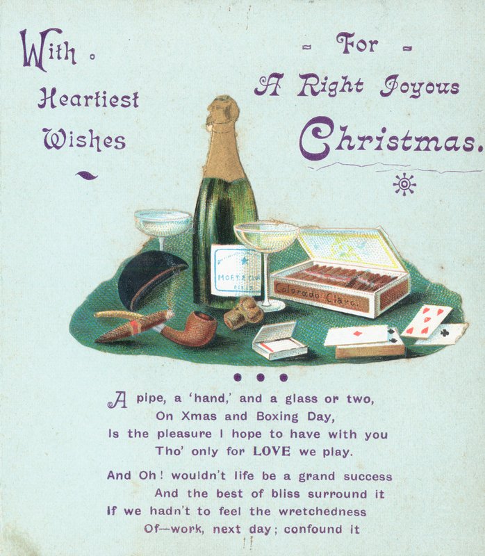 Champán, cigarros y cartas, tarjeta de Navidad de English School