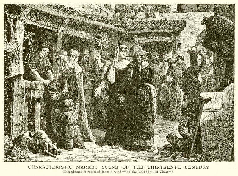 Escena característica de mercado del siglo XIII de English School