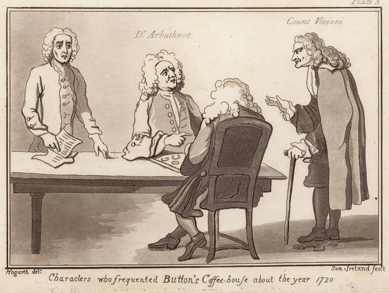 Personajes que frecuentaban Buttons Coffee House alrededor del año 1720: Dr Arbuthnot, Conde Viviani de English School