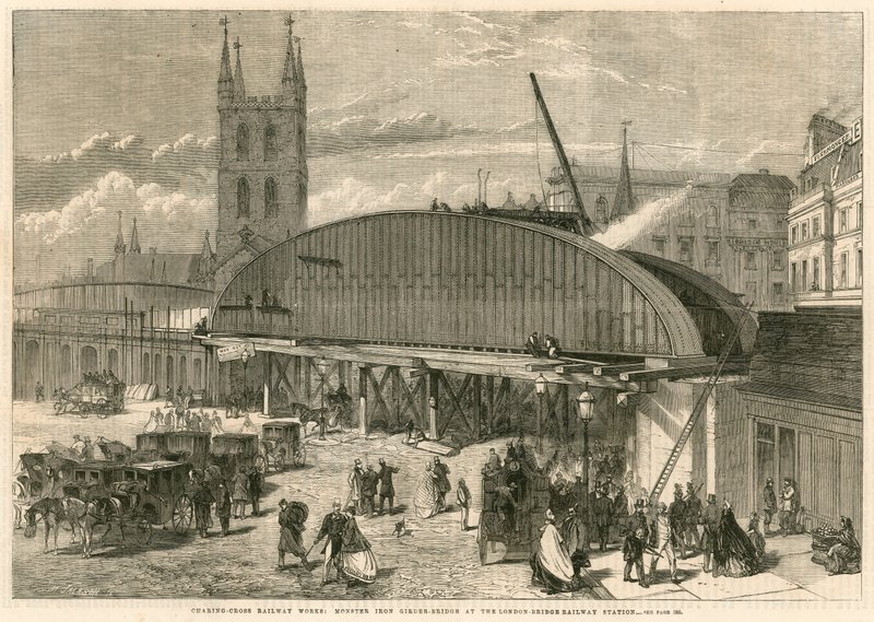 Obras del Ferrocarril de Charing Cross: puente de viga de hierro monstruoso en la Estación de Ferrocarril de London Bridge de English School