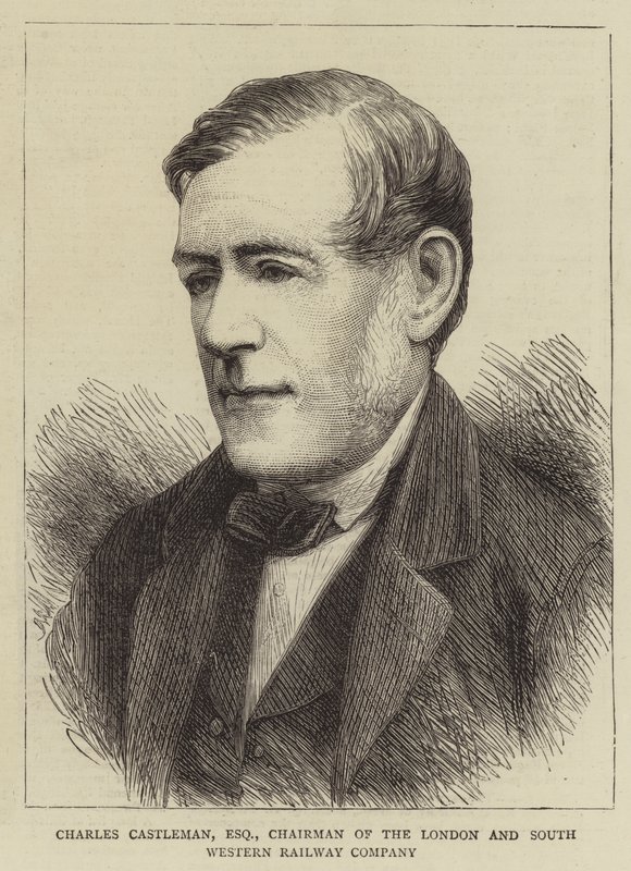 Charles Castleman, Esquire, presidente de la Compañía de Ferrocarriles de Londres y Suroeste (grabado) de English School