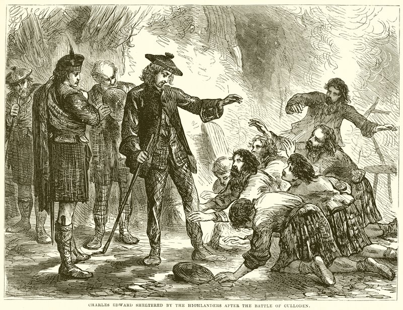 Carlos Eduardo refugiado por los montañeses después de la batalla de Culloden de English School