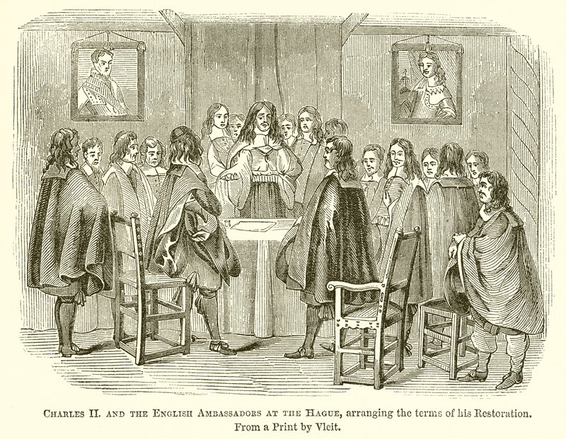 Carlos II y los embajadores ingleses en La Haya, arreglando los términos de su restauración de English School