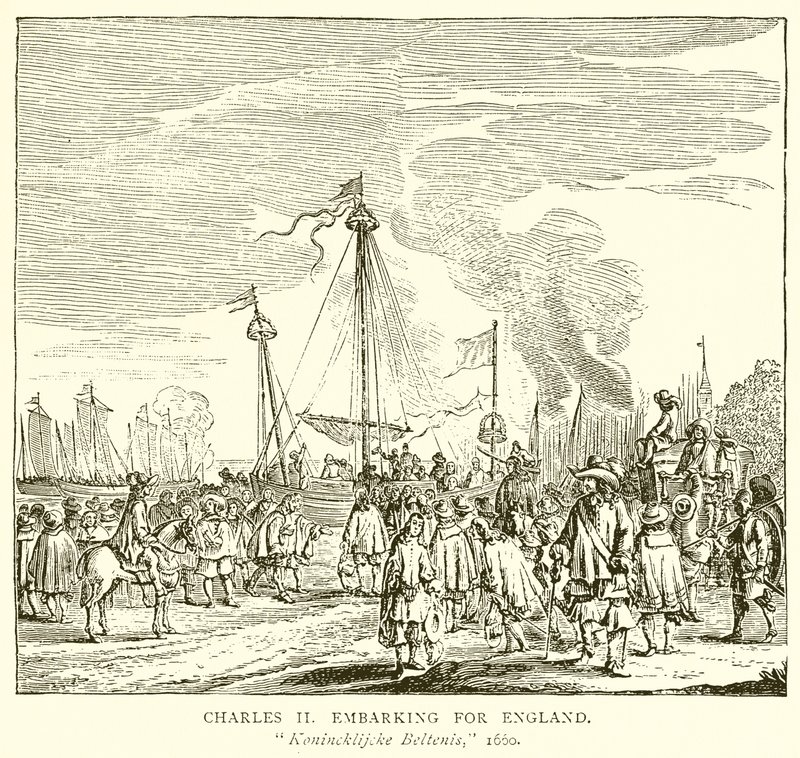 Carlos II embarcando hacia Inglaterra de English School