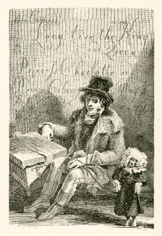 Charles Wood, un hombre ciego, con un órgano y un perro bailarín de English School