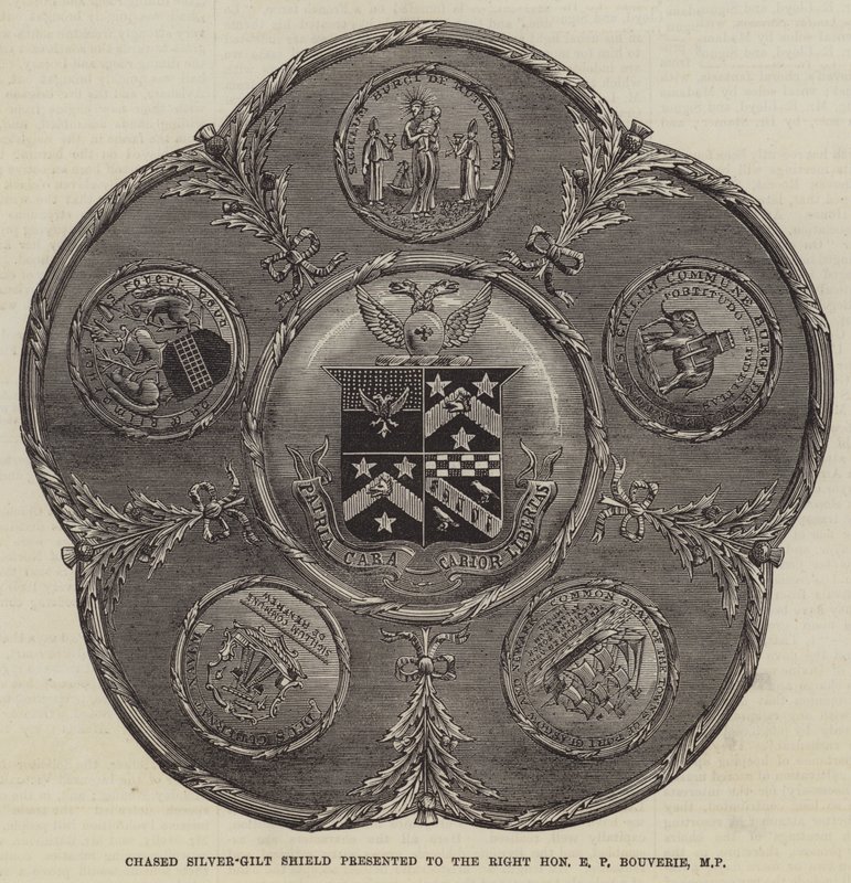 Escudo de plata dorada perseguido presentado al Muy Honorable E P Bouverie, MP (grabado) de English School