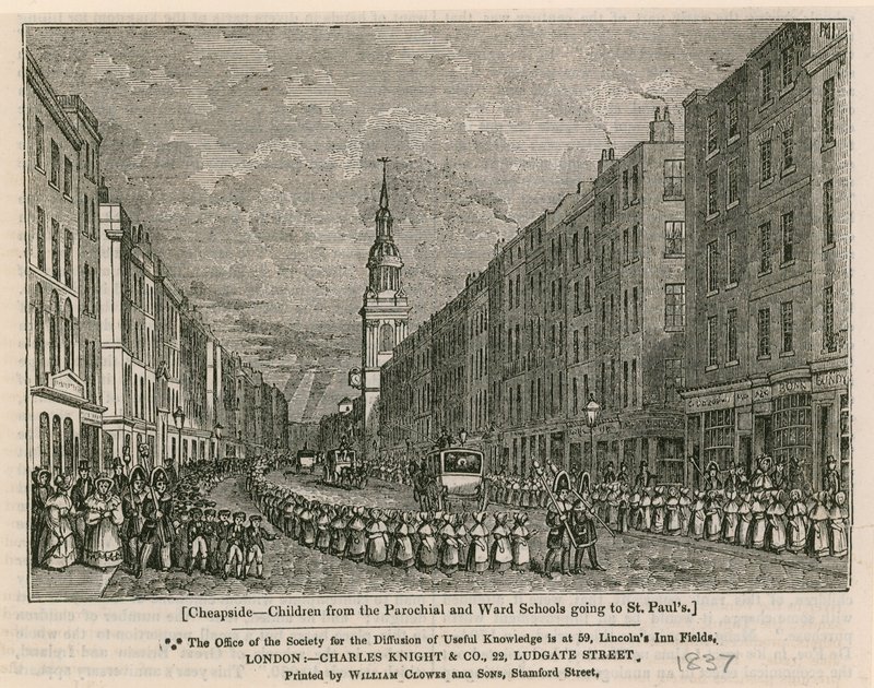 Cheapside - Niños de las escuelas parroquiales y de barrio yendo a St Pauls, 1837 de English School