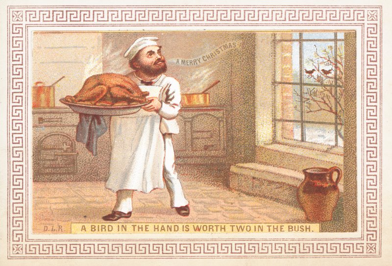 Chef sosteniendo una bandeja de pavo, Tarjeta de Navidad de English School
