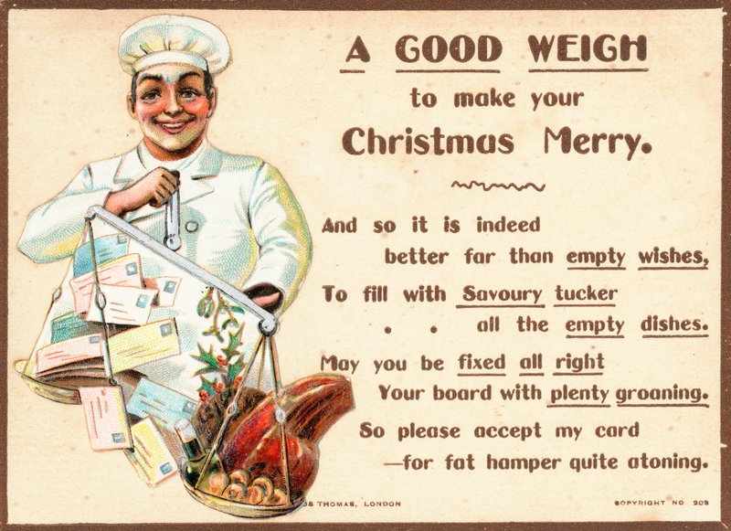 Chef pesando cartas y comida en balanzas, tarjeta de Navidad de English School
