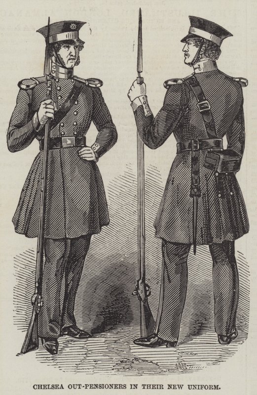 Pensionistas de Chelsea con su Nuevo Uniforme (grabado) de English School