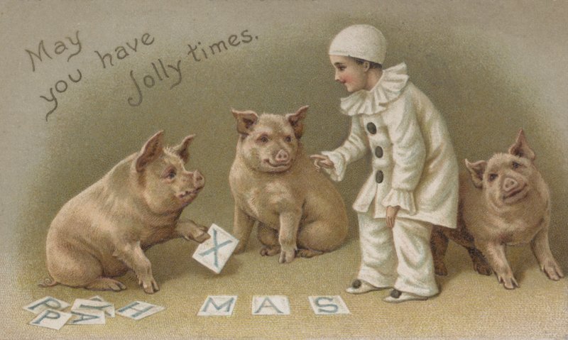 Niño en un disfraz de Pierrot con tres cerdos, tarjeta de Navidad de English School