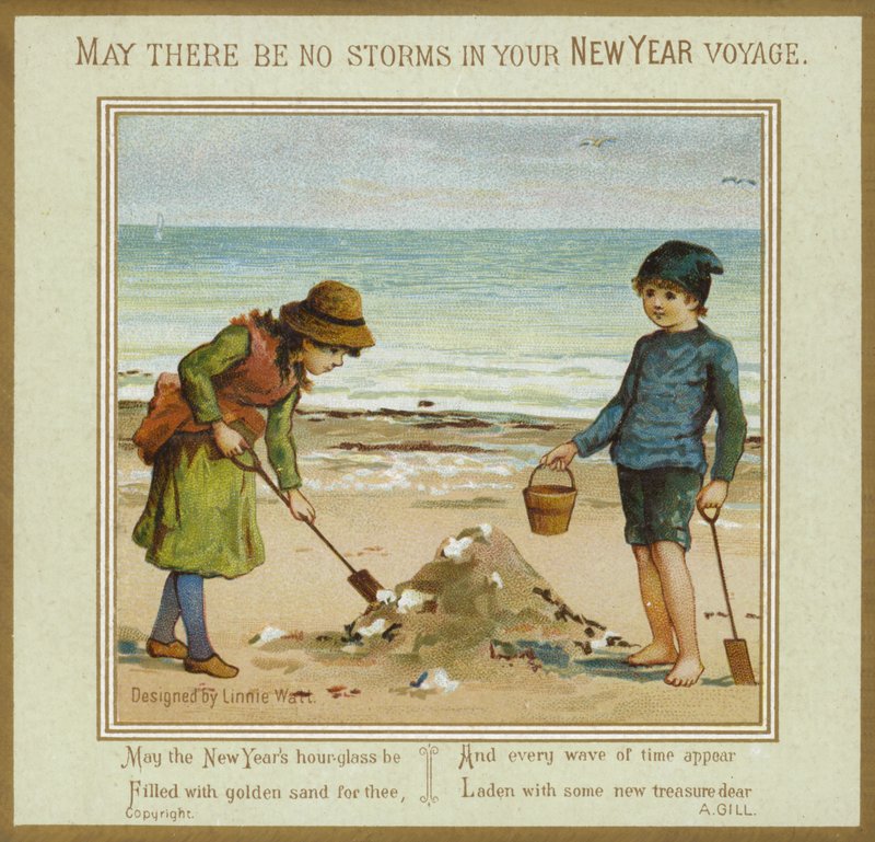Niños Jugando en la Playa - Tarjeta de Año Nuevo de English School