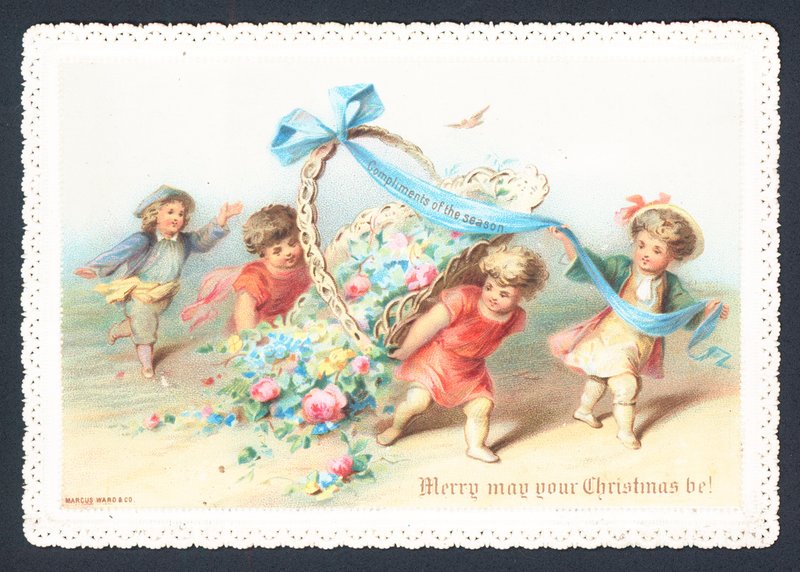 Niños y querubines tirando de una cesta de flores, tarjeta de Navidad de English School
