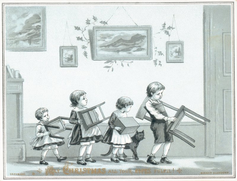 Niños llevando silla y taburetes, tarjeta de Navidad de English School