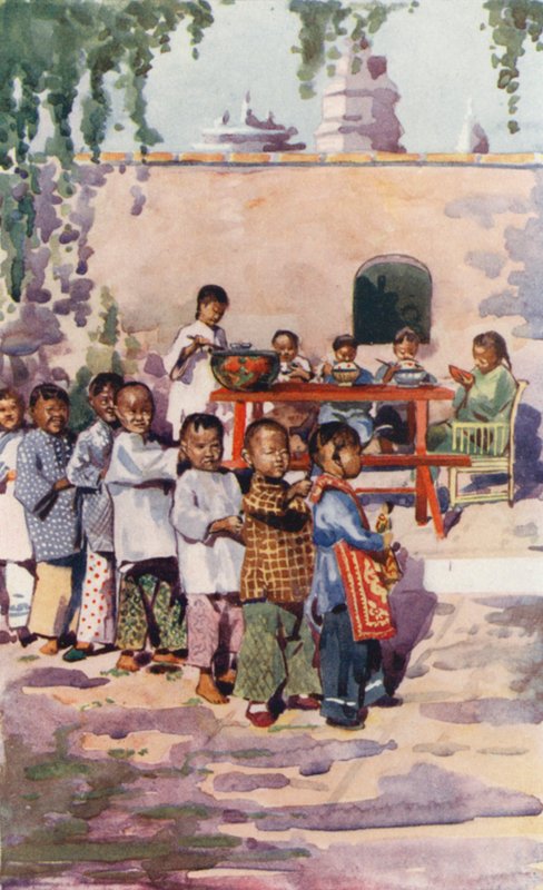 Niños de China: Niños comiendo y jugando (litografía en color) de English School