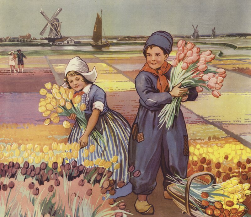 Niños recogiendo tulipanes en Holanda (litografía en color) de English School