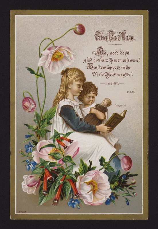 Niños leyendo un libro, tarjeta de felicitación de Año Nuevo, finales del siglo XIX o principios del XX (cromolito) de English School