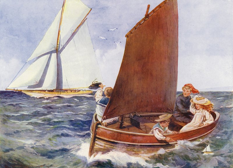 Niños navegando y viendo pasar un yate (litografia en color) de English School