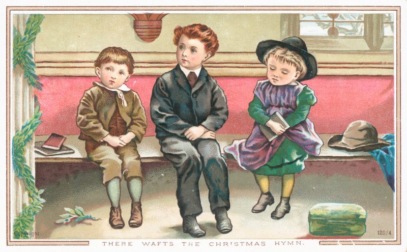 Niños sentados en la iglesia, tarjeta de Navidad de English School