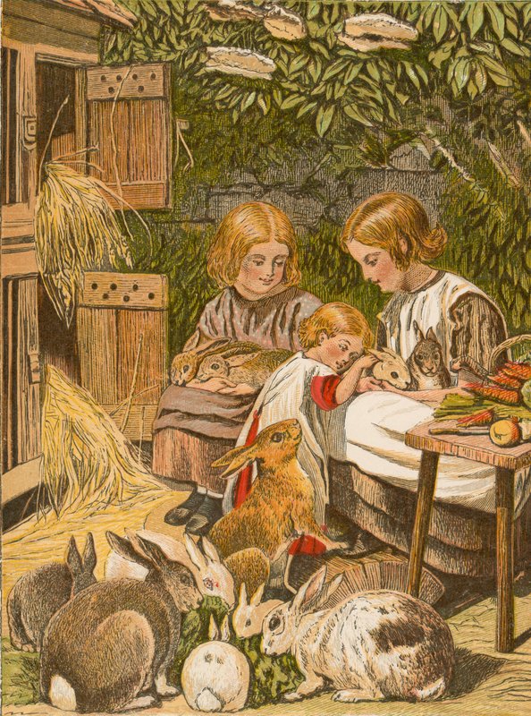 Niños con sus conejos (litografía en color) de English School