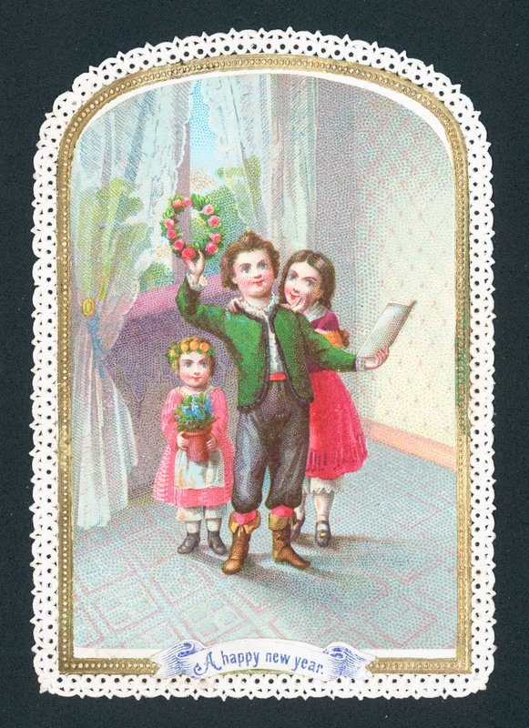 Niños con corona y flores, tarjeta de Año Nuevo de English School