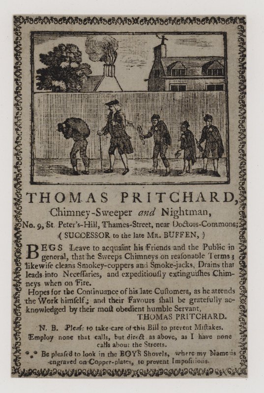 Limpiadores de chimeneas, Thomas Pritchard, tarjeta comercial de English School