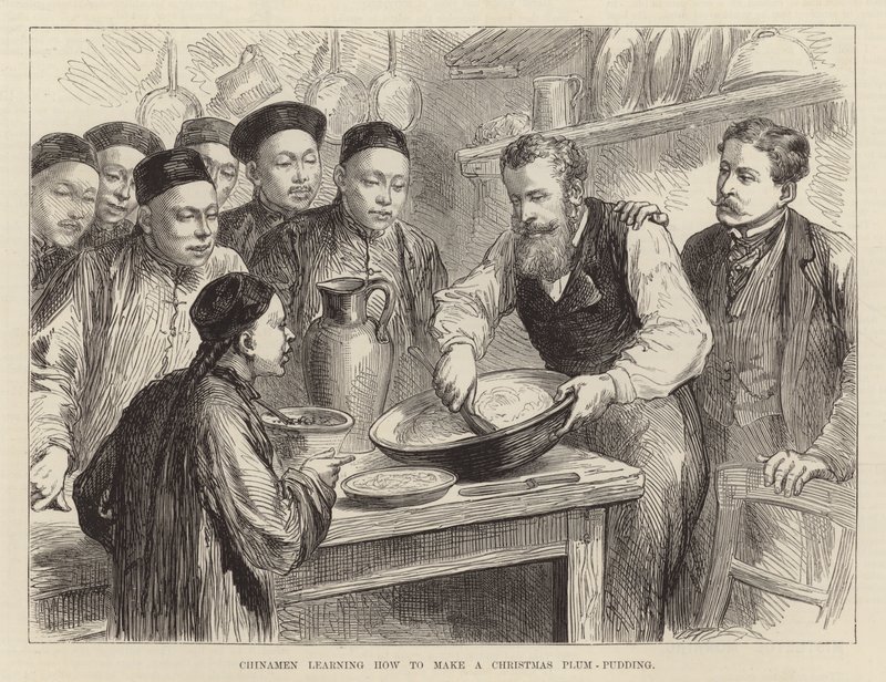 Chinos aprendiendo a hacer un budín de ciruelas navideño (grabado) de English School