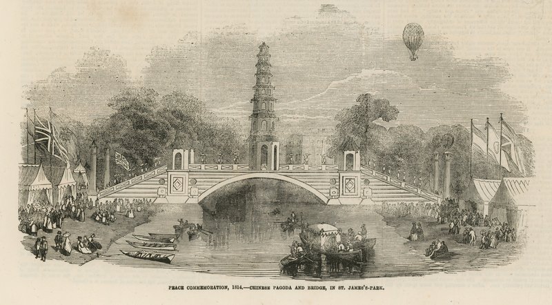 Pagoda china y puente en St Jamess Park de English School
