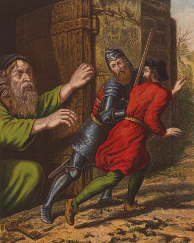 La huida de Christian y Hopeful del castillo de las dudas (litografía en color) de English School