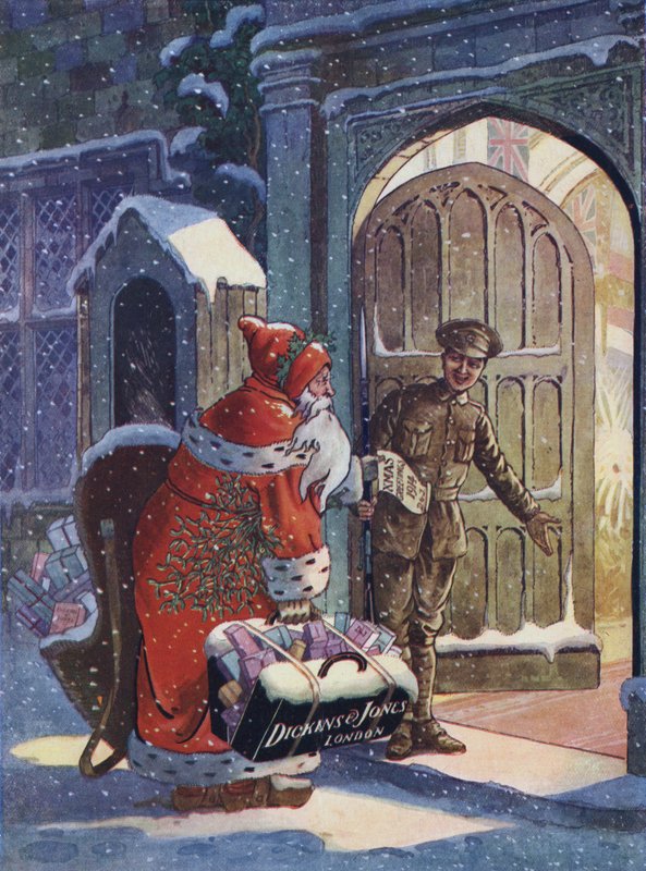 Anuncio navideño mostrando a Santa Claus trayendo regalos para los soldados de la Primera Guerra Mundial de la tienda por departamentos Dickins and Jones de English School