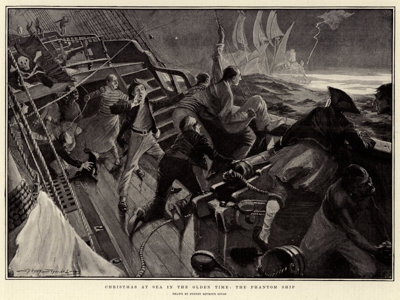 Navidad en el mar en los viejos tiempos, el barco fantasma (litografía) de English School