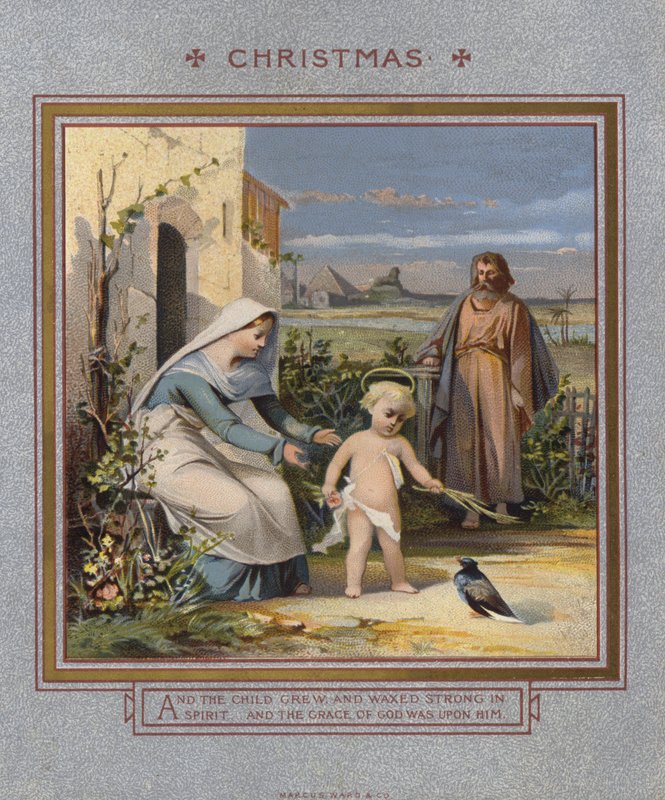 Tarjeta de Navidad: Jesús jugando con una paloma, observado por sus padres de English School