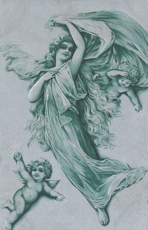 Tarjeta de Navidad con un ángel y dos querubines de English School