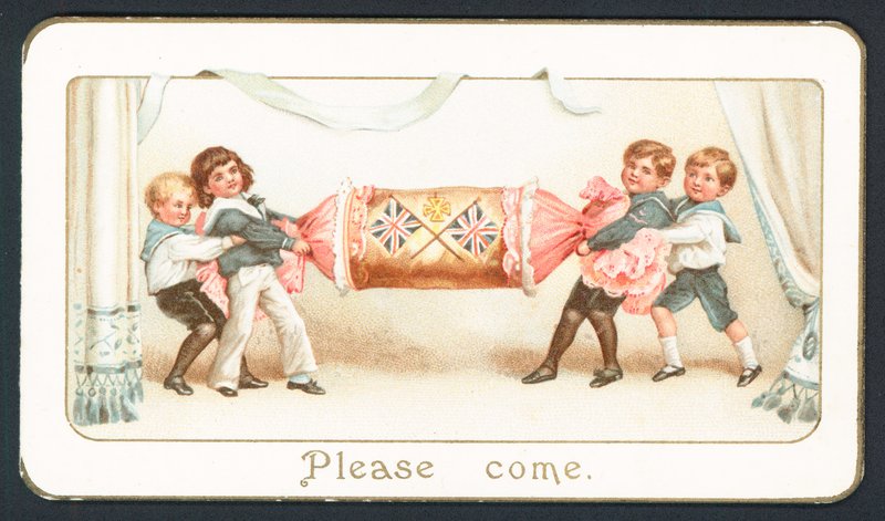 Tarjeta de Navidad con niños tirando de un cracker de English School