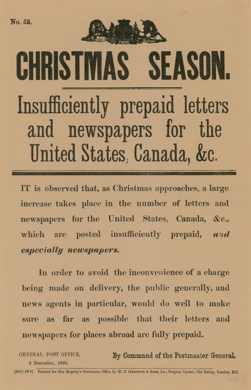 Aviso de franqueo navideño por orden del Director General de Correos, 9 de diciembre de 1890 de English School