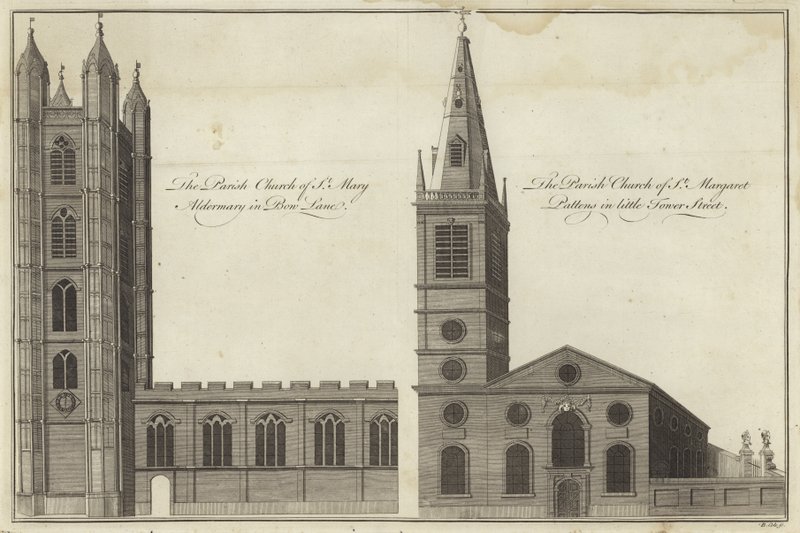 Iglesia de Santa María Aldermary en Bow Lane e Iglesia de Santa Margarita Pattens en Little Tower Street, Londres de English School