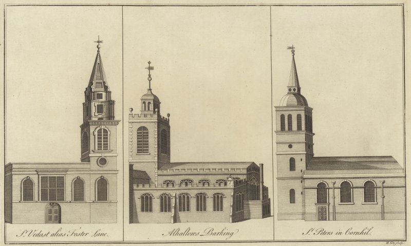 Iglesias de San Vedast, Foster Lane, Allhallows, Barking y San Pedro en Cornhill, Londres de English School