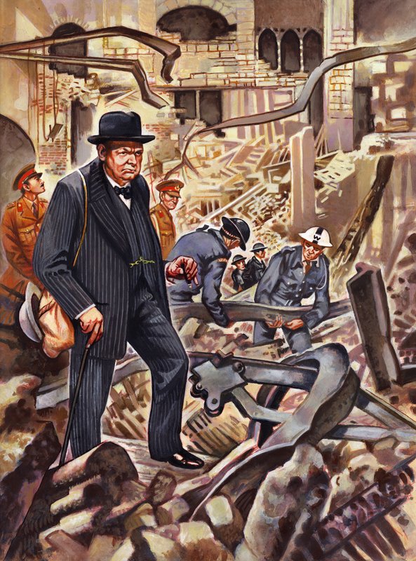 Churchill inspecciona los daños después de que una bomba alemana destruyera parte de la Cámara de los Comunes de English School
