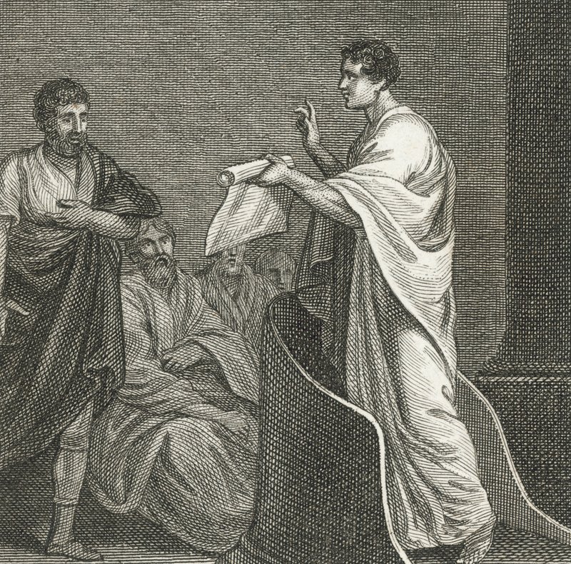 Cicerón acusando a Catilina en la Cámara del Senado (grabado) de English School