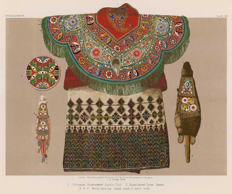 Manta de silla bordada circasiana; Vestido bordado, Grecia; Trabajo de cuentas y paja de los indios norteamericanos de English School