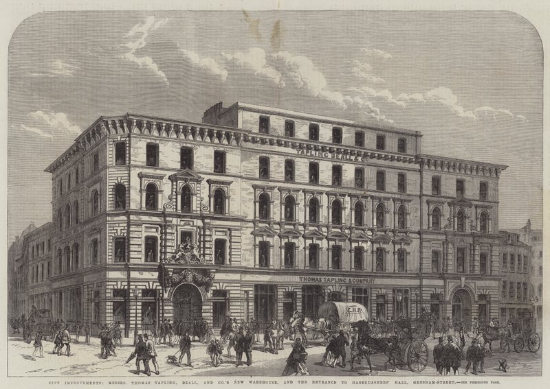 Mejoras en la ciudad, nuevo almacén de Messers Thomas Tapling, Beall y Compañía, y la entrada al Haberdashers