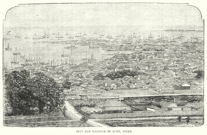Ciudad y Puerto de Kobe, Japón (grabado) de English School