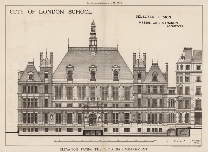 Escuela de la Ciudad de Londres; elevación frente al Victoria Embankment de English School
