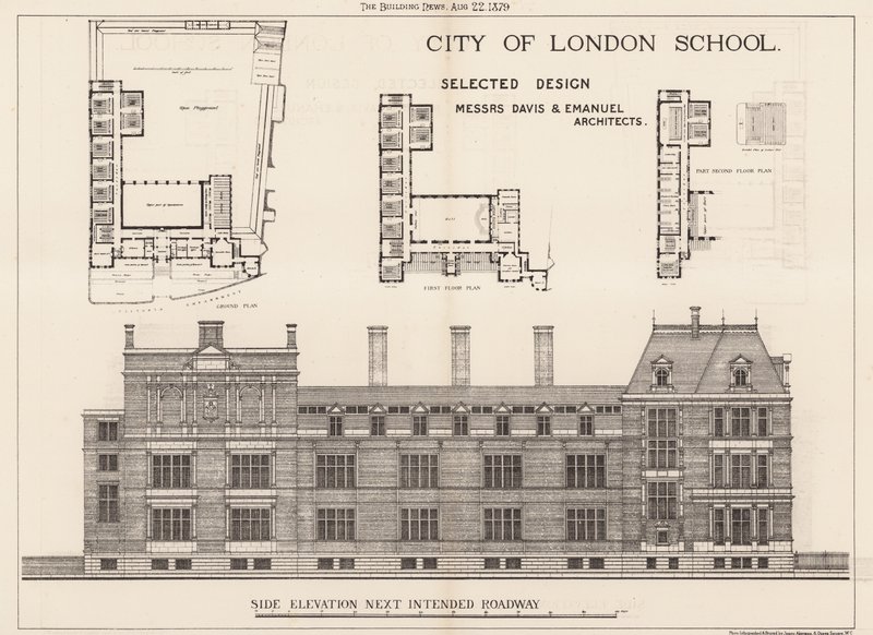Escuela de la Ciudad de Londres; elevación lateral de English School