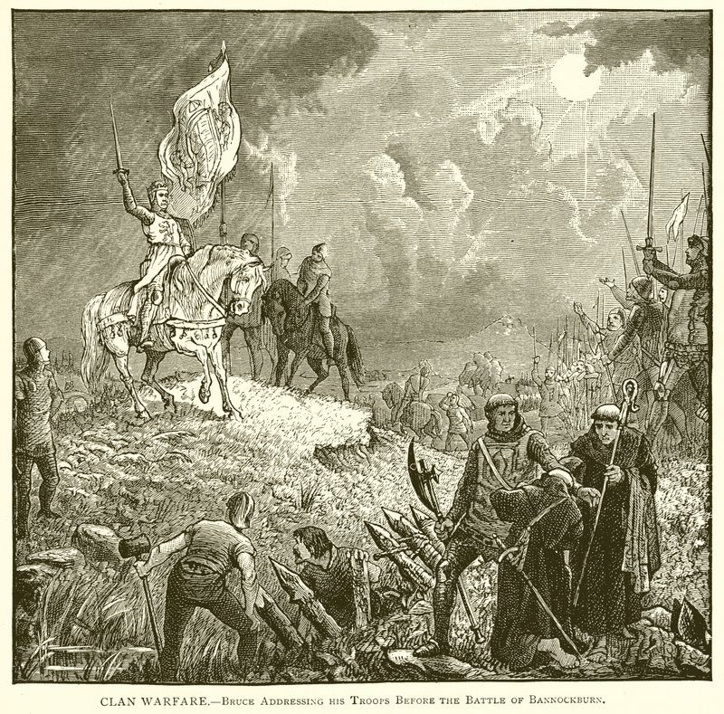 Guerra de clanes.--Bruce dirigiéndose a sus tropas antes de la batalla de Bannockburn de English School