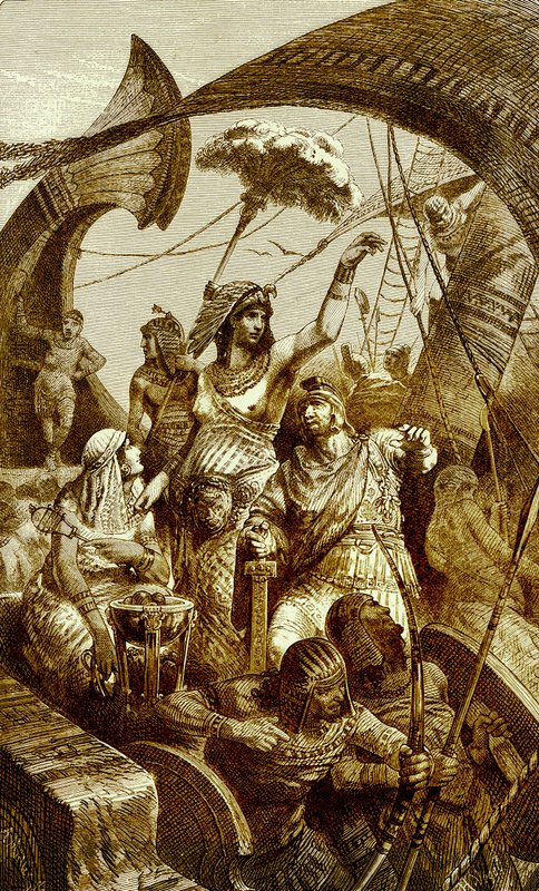 Cleopatra en la Batalla de Actium, ilustración de The Illustrated History of the World, publicado c.1880 de English School