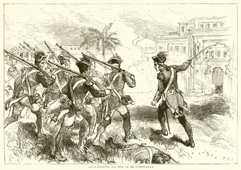 Clive liderando a sus hombres hacia Conjeveram (1751) de English School