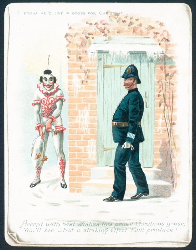 Payaso esperando al policía con un ganso, tarjeta de Navidad de English School